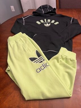 adidas Neon Green & Black Logo Kids Sweatpants - Trefoil Accent